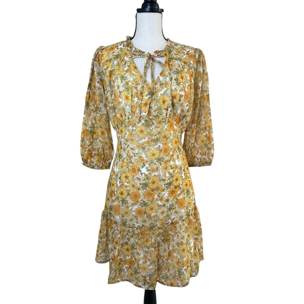 Marissa Olivia Floral Yellow Spring Dress Mesh‎ Puff Sleeve Front Tie Women's S